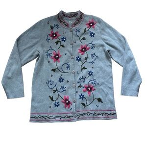 Vintage Norm Thompson Embroidered Cardigan Womens Size Large Floral Gray Buttons